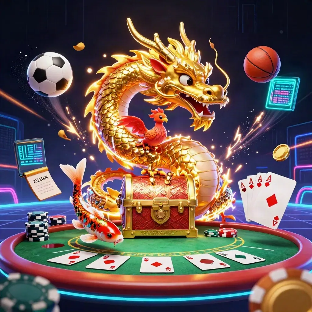 Golden dragon, phoenix and koi amid chips, balls and neon casino energy.