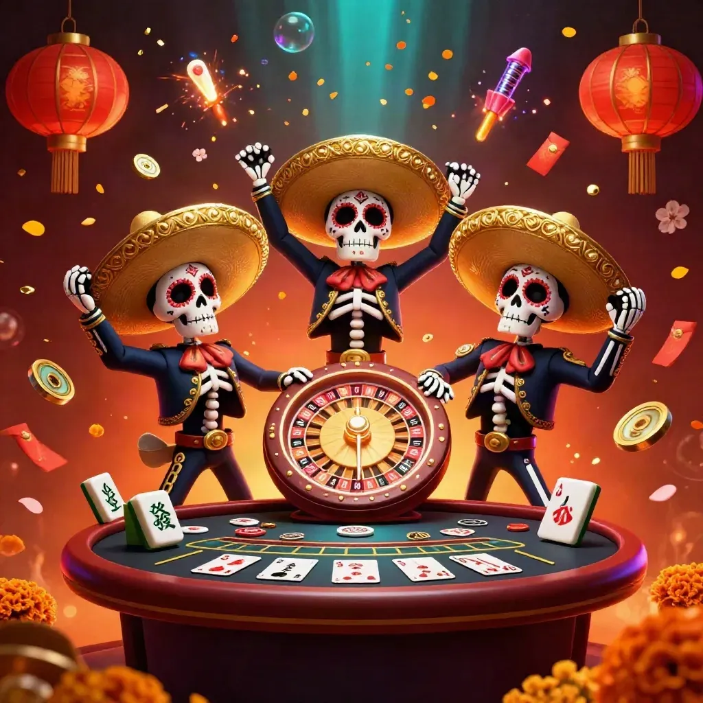Skeleton mariachi trio in casino glow with roulette spin, lanterns, jade coins, and petals.
