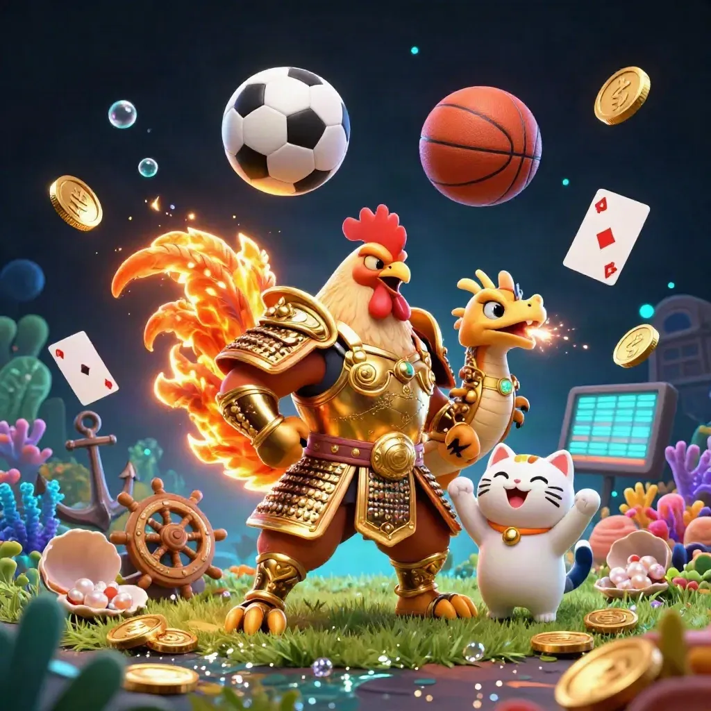 Rooster warrior, dragon hatchling and fortune-cat amid casino-lit sports and treasure chaos.