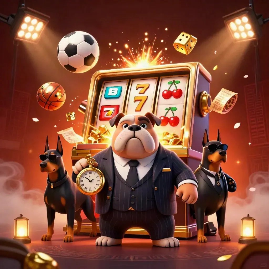 Cartoon bulldog boss and Dobermans amid exploding slot symbols, gold, and sports balls