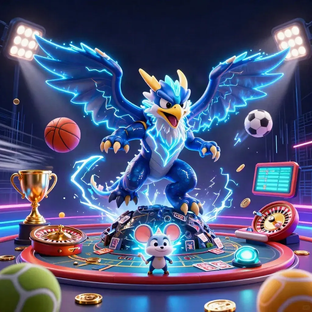 Thunder dragon, hawk, and mouse amid casino lights, coins, balls, trophy, and neon action.