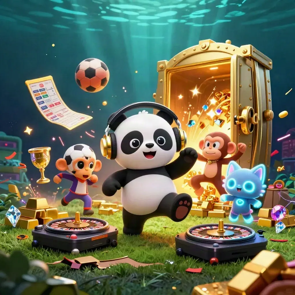 DJ panda, monkey, and glow-stick kitten amid casino treasure, balls, and explosive sports motion.