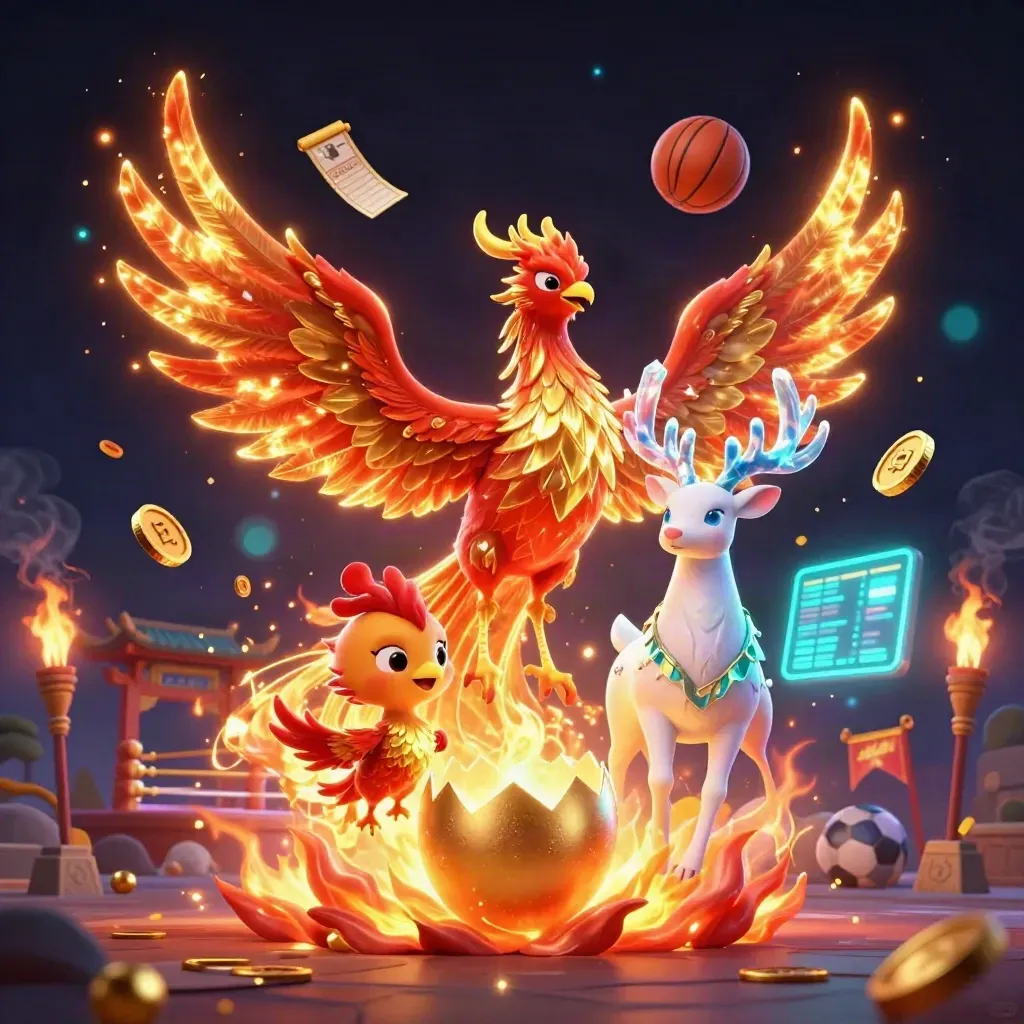 Fire phoenix, stag and hatchling amid casino sports props, gold coins and teal glow.