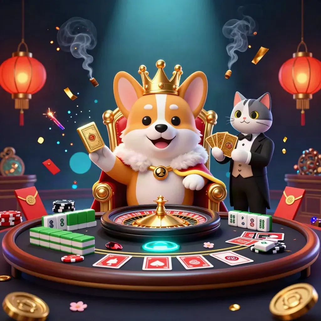 Royal corgi and cat butler on a chip throne, surrounded by casino magic and neon lights.