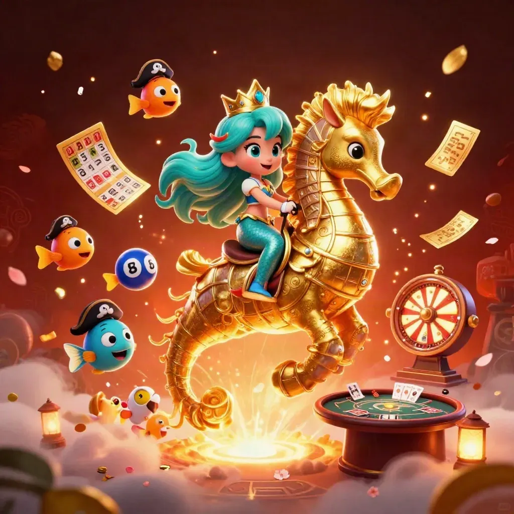 Mermaid princess on a golden seahorse amid casino props, glowing runes and fiery lights.