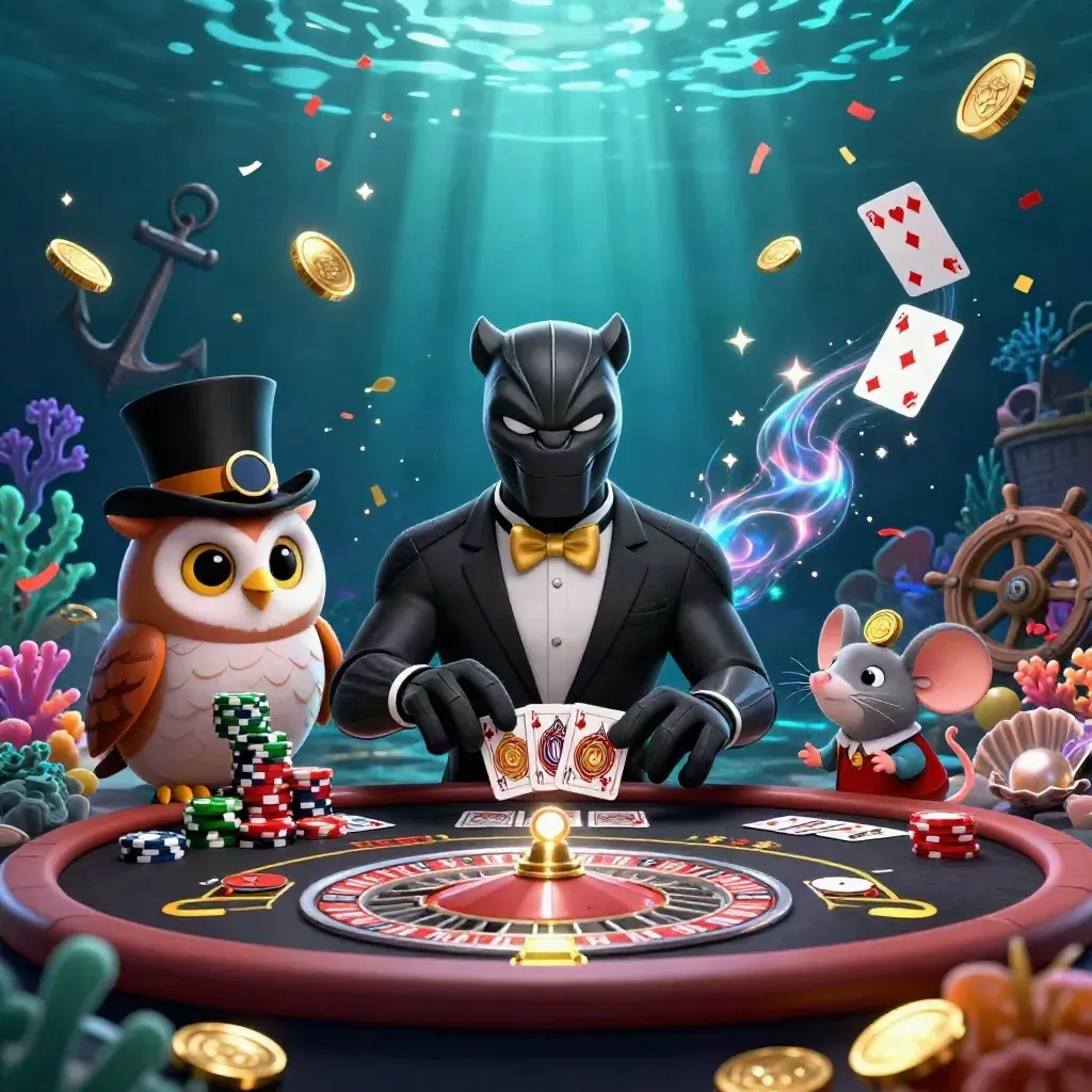 Black panther, owl and mouse in luxe casino pose amid treasure-cove glow and casino elements