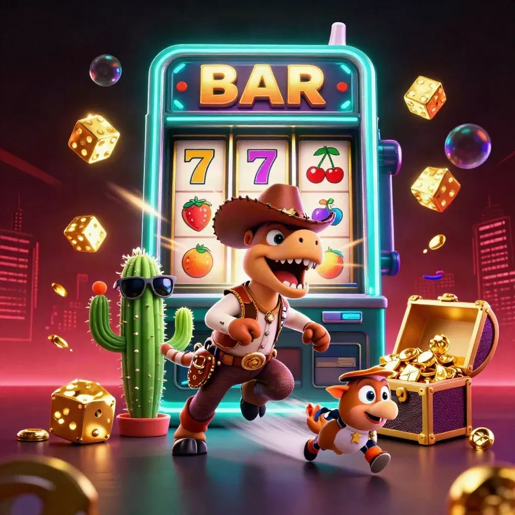 Cowboy T-Rex, cactus sidekick, and sheriff roadrunner burst from a neon casino jackpot scene.