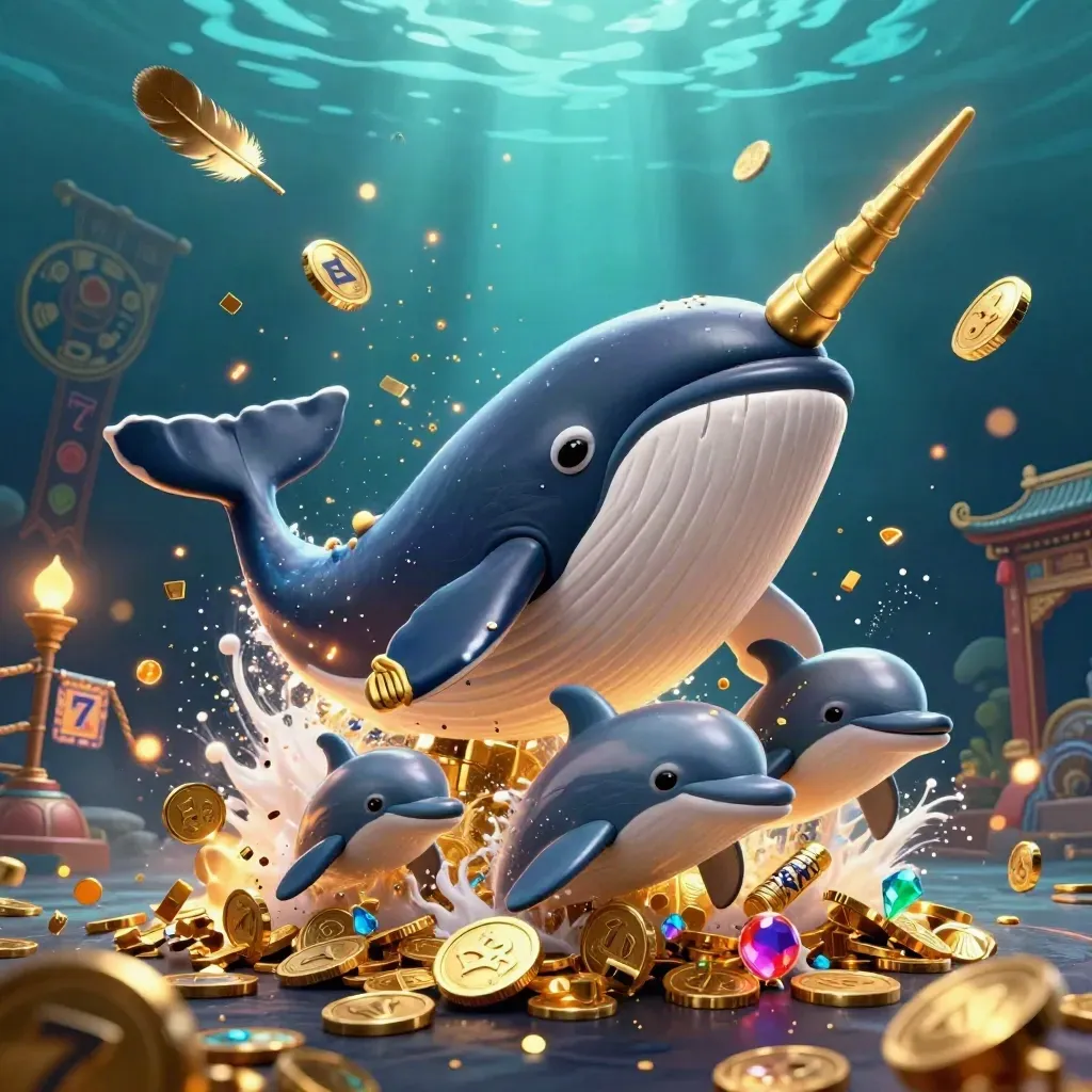 Whale captain, narwhal and dolphins burst through coins in a teal underwater casino key art.