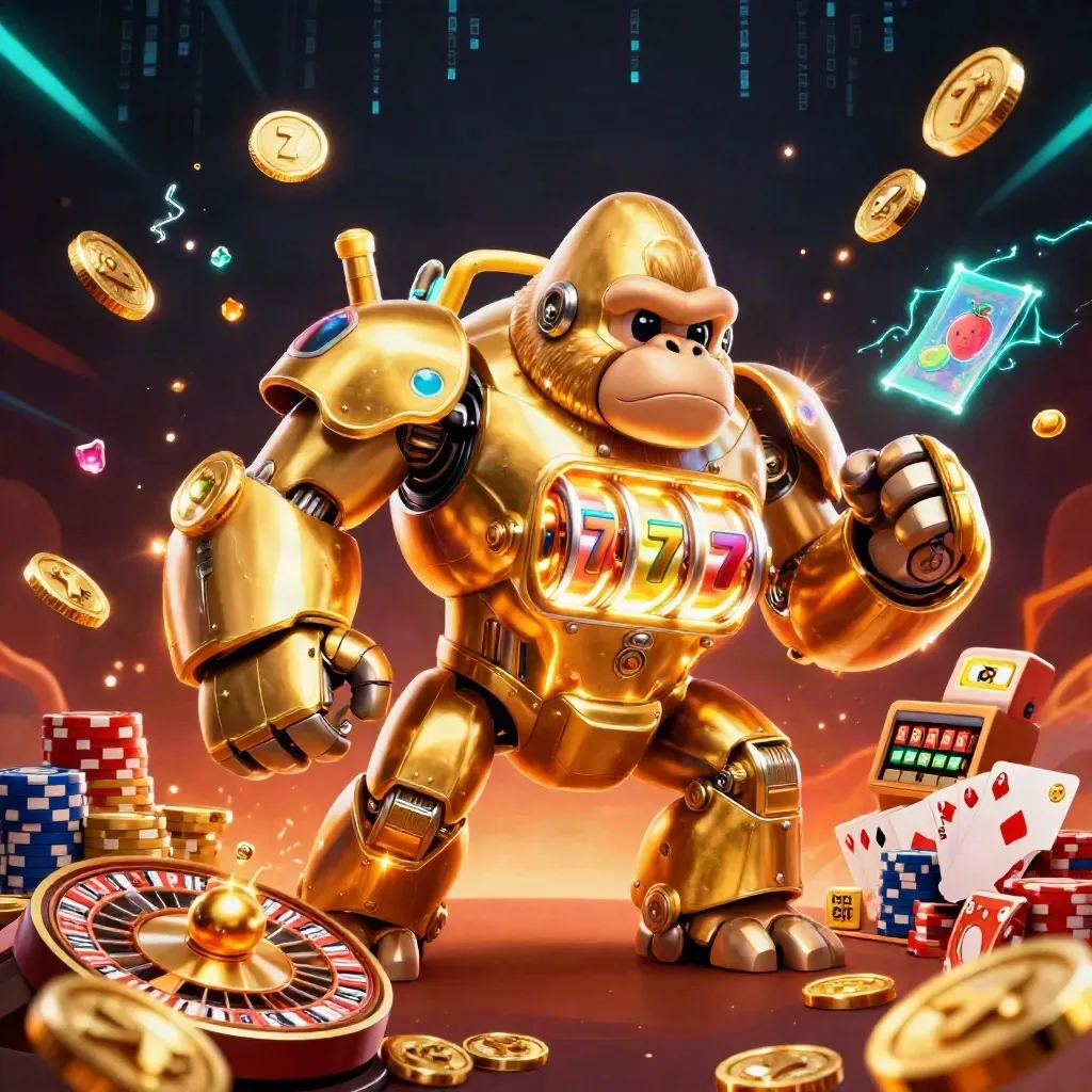 Golden gorilla mech and tiny monkey pilot blast through coins, gems, roulette, chips, and teal lightning.