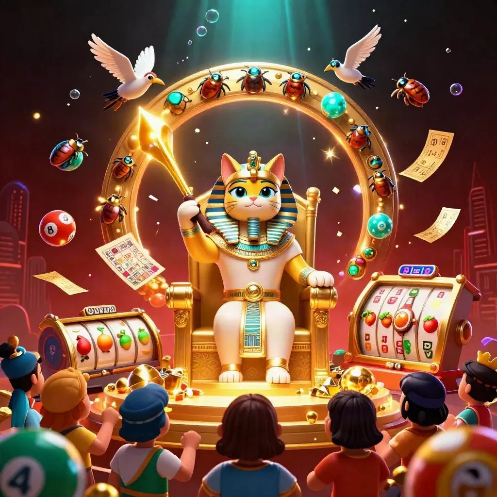 Pharaoh cat on a golden throne with an ibis scribe and scarab beetles amid gold and teal casino bursts.