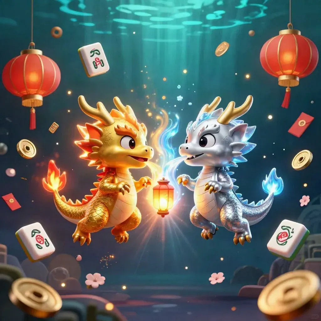 Twin gold and silver dragons spiral with fire and ice, lantern spirit, jade coins, and glowing casino treasures.