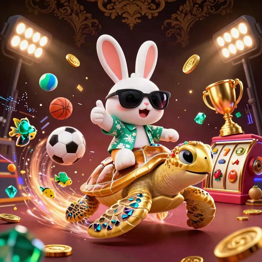 Lucky rabbit on a gem-shelled sea turtle with fish, coins and neon casino effects swirling around.