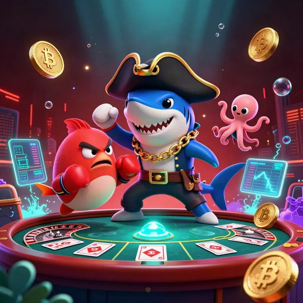 Pirate shark, boxing pufferfish and coin-juggling octopus amid casino gold and neon effects.