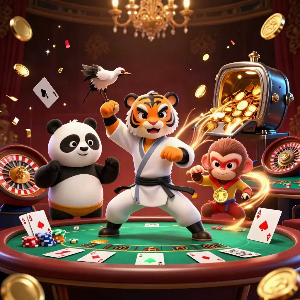 Tiger, panda and monkey casino heroes amid coins, cards, fireworks and luxury glow.