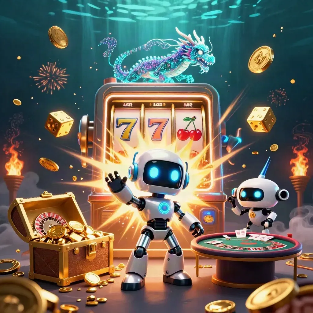 Robot mascot, holographic dragon and coin drone blast out casino riches in a teal-gold underwater glow.