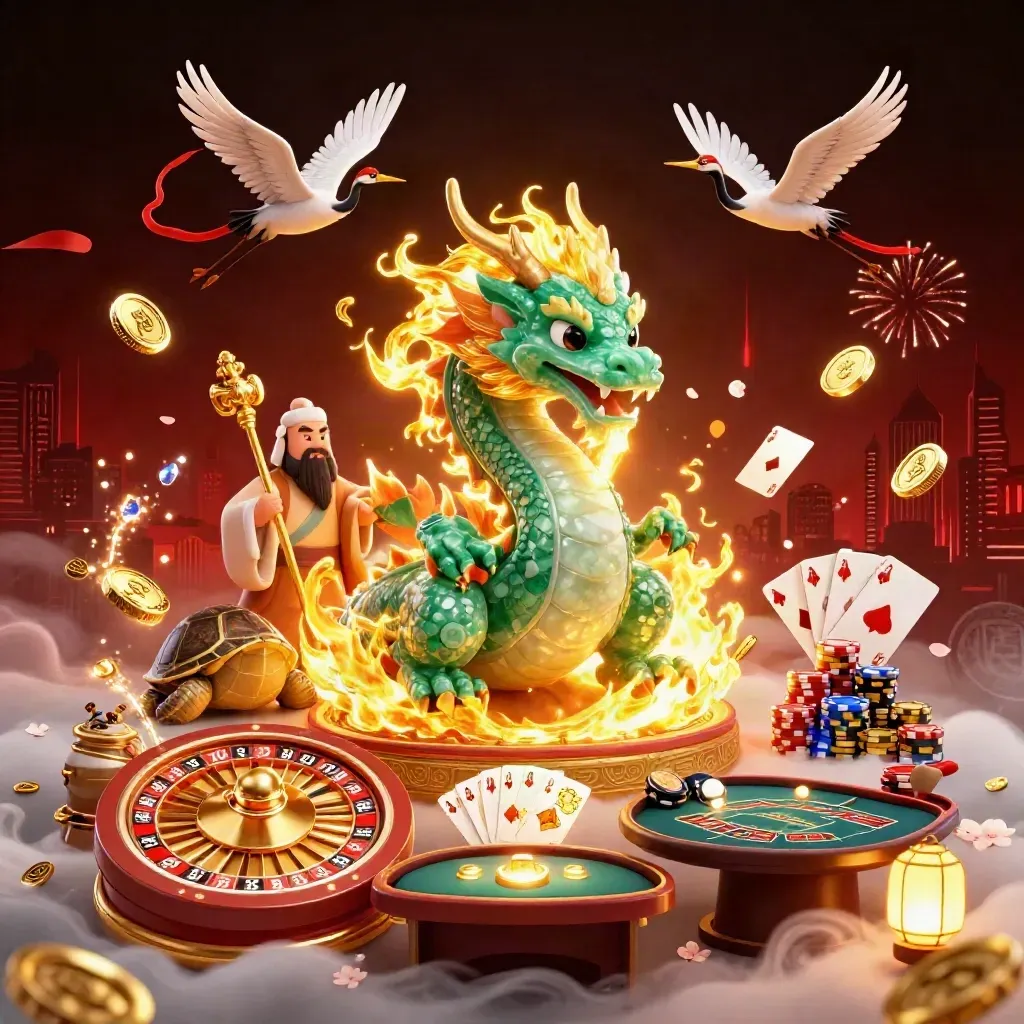 Jade dragon, turtle sage and cranes amid coins, cards and fireworks in a luxe casino burst.