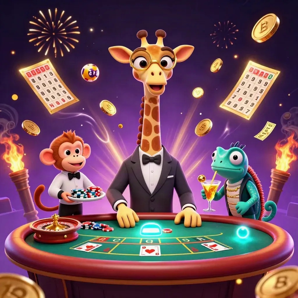Giraffe, monkey and chameleon celebrate a jackpot burst amid gold coins, roulette and fireworks