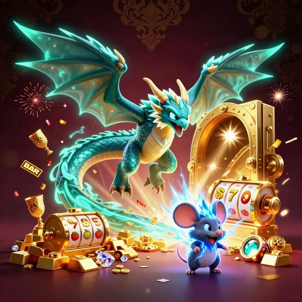 Thunder dragon, wind hawk, and mouse amid casino gold, vault light, and neon sparks