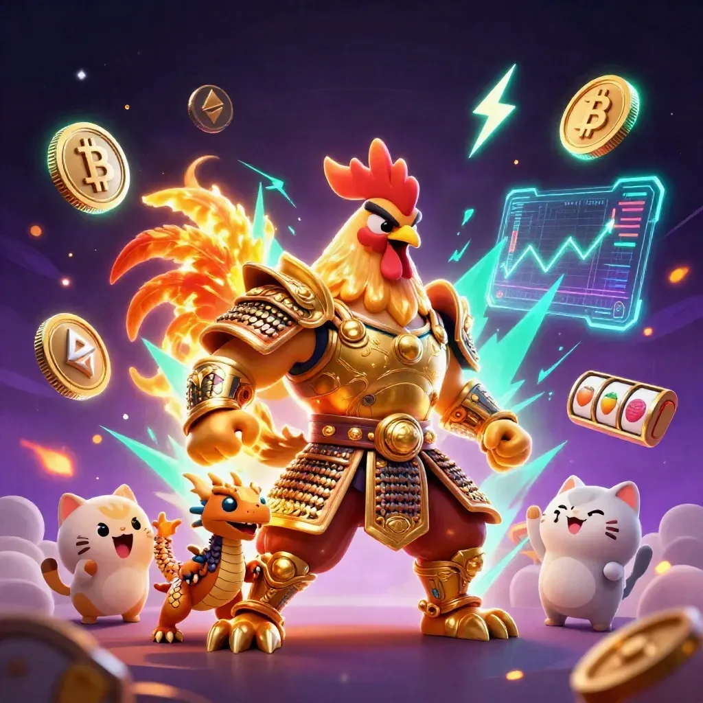 Golden rooster warrior, dragon hatchling, and fortune cat amid casino sparks, coins, and teal lightning