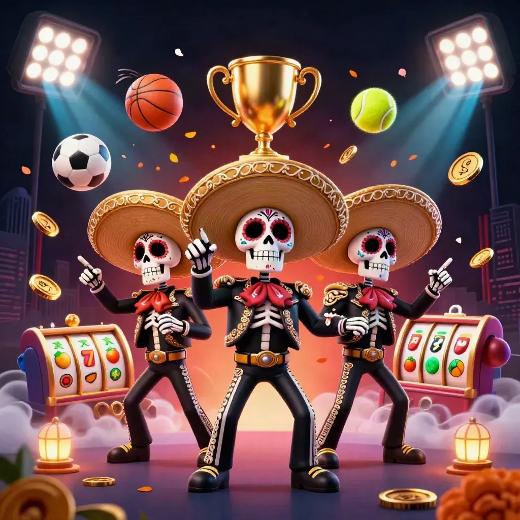 Three skeleton mariachi heroes explode through coins, sports balls, and casino glow.