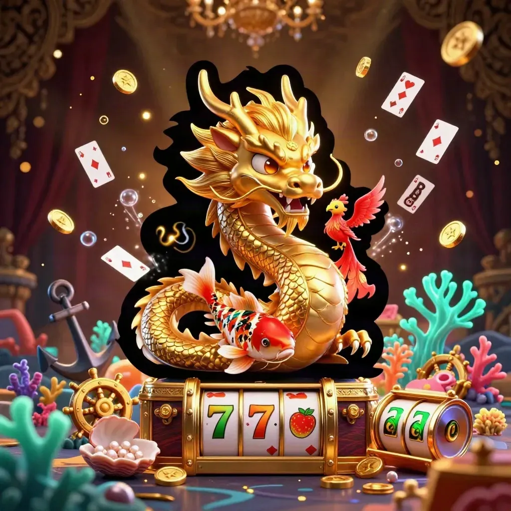 Golden dragon, red phoenix and koi amid casino treasures, coins and glowing underwater coral
