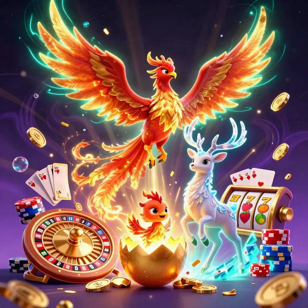 Neon phoenix, hatching baby and crystal stag amid casino coins, cards and glowing reels.