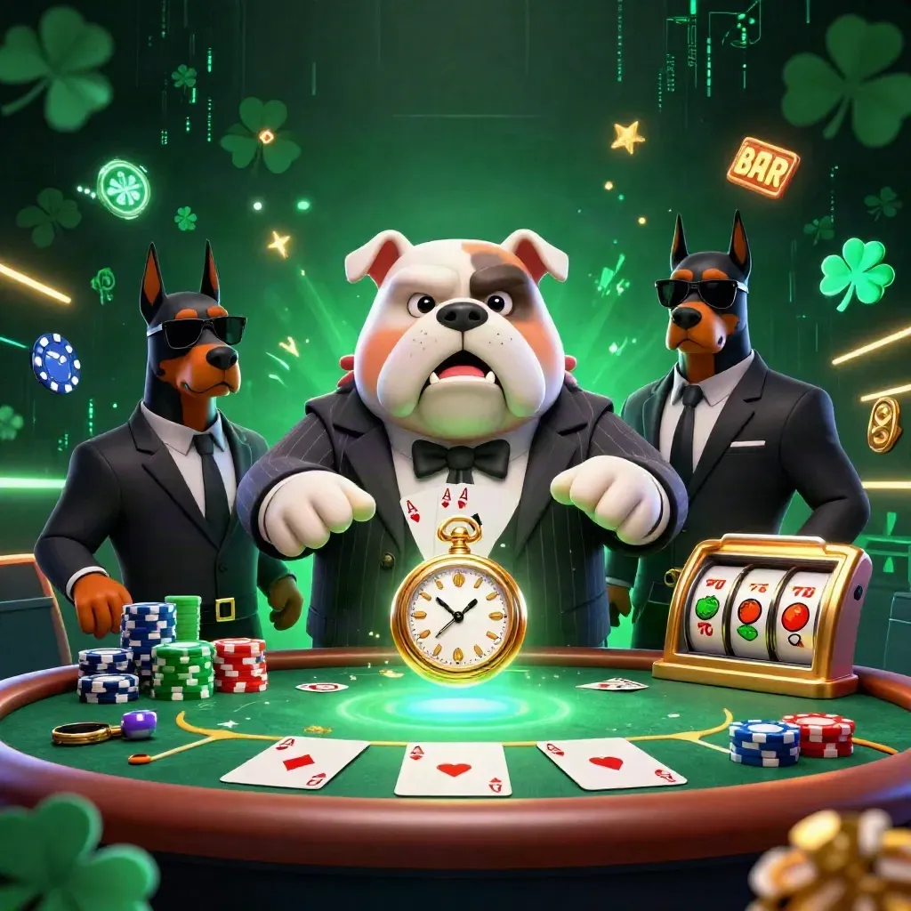 Bulldog mob boss with two Dobermans over a glowing poker table, chips, aces, reels, and neon casino effects.